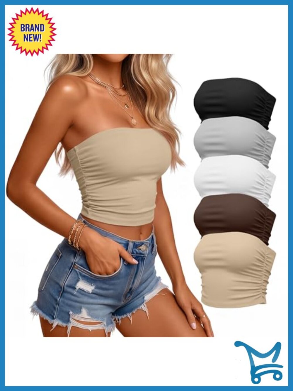 5 Pack Strapless Tube Top Bandeau Side Ruched Cropped Sleeveless Summer Top